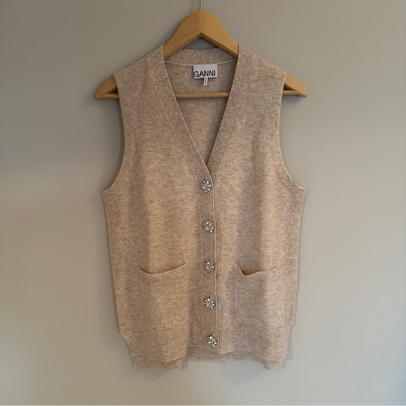 NEW Ganni Cashmere Mix Button Vest Sweater in Oyster Gray / Cream - size XS - Picture 3 of 7